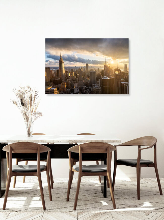 Manhattan Skyline bei Sonnenuntergang, Vereinigte Staaten – Fotokunst von Jan Becke als Poster oder Acrylglasbild