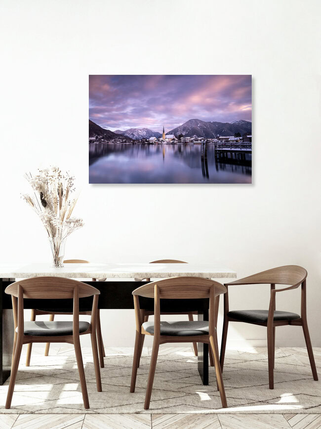 Pretty red clouds over lake Tegernsee, Germany – wall art by Franz Sussbauer as Poster or Acrylic Glass Print