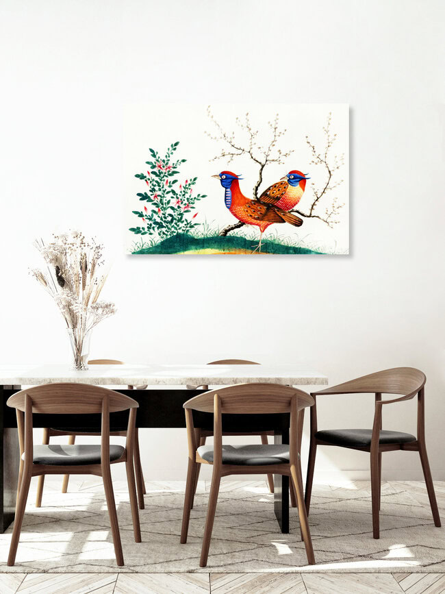 'Chinese painting featuring two pheasant-like birds with flowering plants' – Wall Art by Vintage Nature Graphics as Poster or Acrylic Glass Print