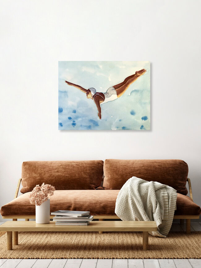 Wandbild 'Turmspringer in Blau' – Kunst von Sarah Morrissette als Poster oder Acrylglasbild