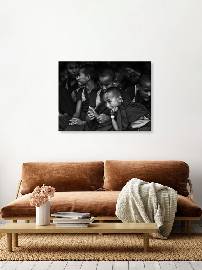 buddhist monks contemplating, Nepal – Fotokunst von Jagdev Singh als Poster oder Acrylglasbild