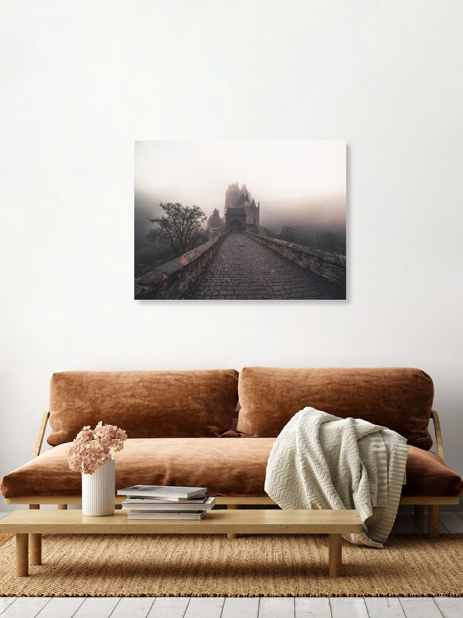 Nebliger Morgen an der Burg Eltz, Deutschland – Fotokunst von Daniel Weissenhorn als Poster oder Acrylglasbild