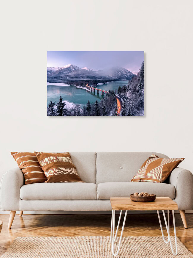 Sylvensteinsee im Winter I, Deutschland – Fotokunst von Franz Sussbauer als Poster oder Acrylglasbild