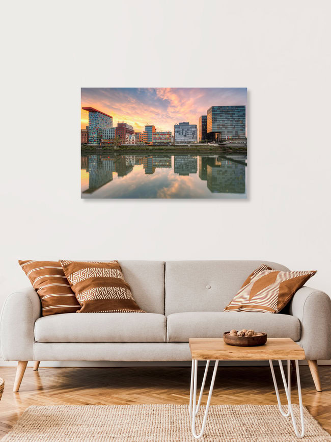 Düsseldorf Spiegelung im Medienhafen, Deutschland – Fotokunst von Michael Valjak als Poster oder Acrylglasbild