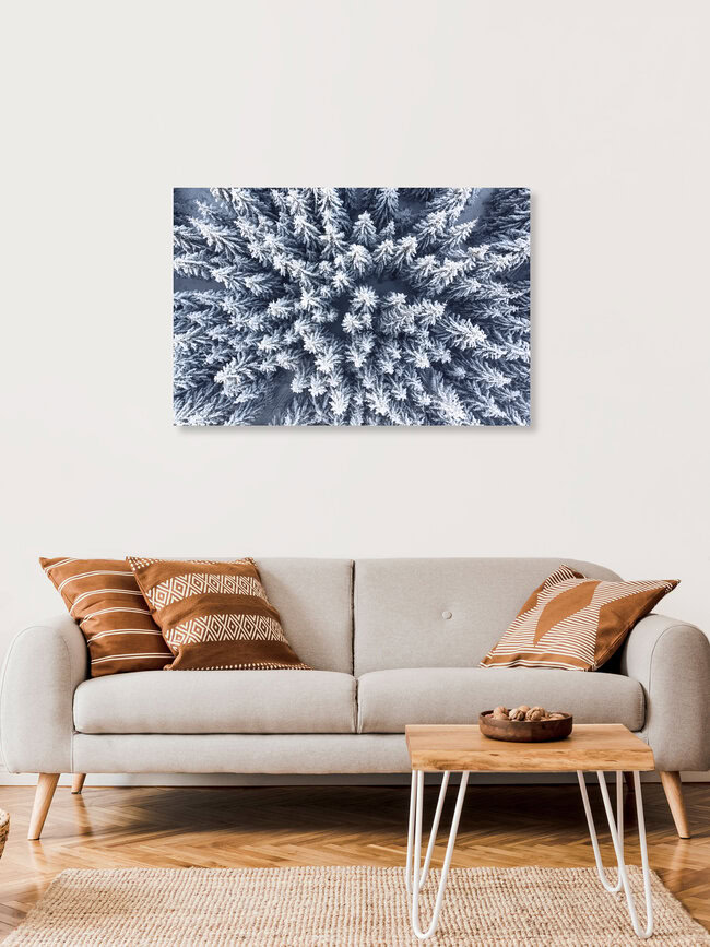 Verschneite Baumkronen von oben, Deutschland – Fotokunst von Oliver Henze als Poster oder Acrylglasbild