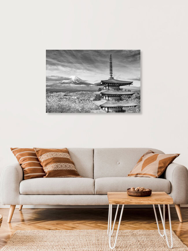 Magnificent view of Mount Fuji with Pagoda during cherry blossom, Japan – wall art by Melanie Viola as Poster or Acrylic Glass Print