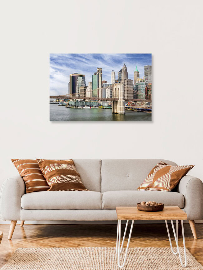 Brooklyn Bridge with Pier 17 and South Street Seaport, United States – wall art by Melanie Viola as Poster or Acrylic Glass Print