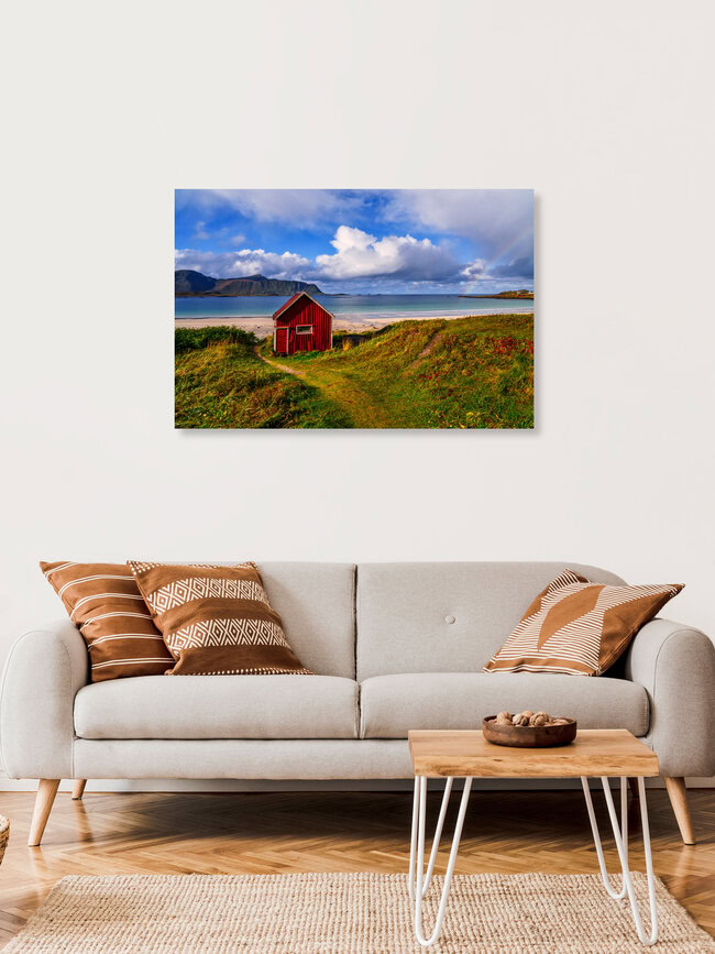 Strandhaus Lofoten Norwegen, Norwegen – Fotokunst von Achim Thomae als Poster oder Acrylglasbild