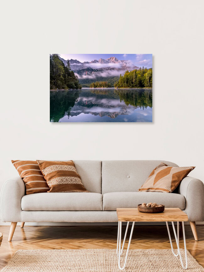 Zugspitzblick am Bayerischen Eibsee, Deutschland – Fotokunst von Achim Thomae als Poster oder Acrylglasbild