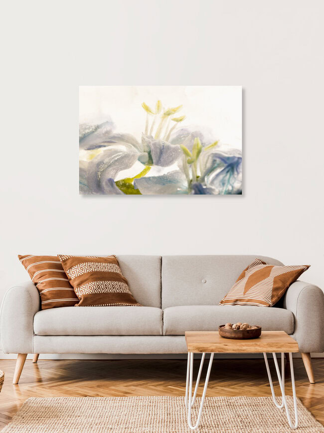 Blaustern-Blüten in Eis, Deutschland – Fotokunst von Marc Heiligenstein als Poster oder Acrylglasbild