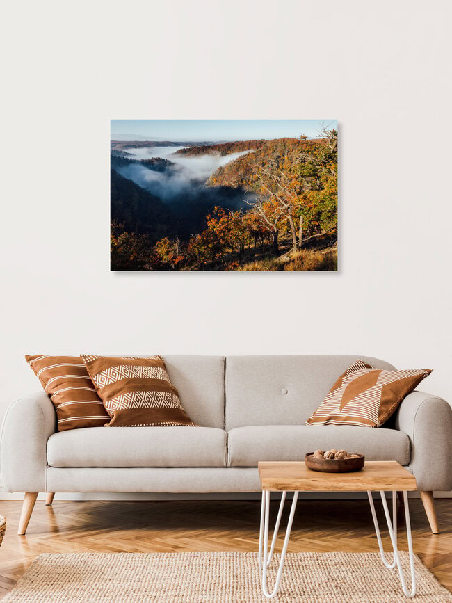 Autumn fog in the Bode Valley, Germany – wall art by Maximilian Fischer as Poster or Acrylic Glass Print