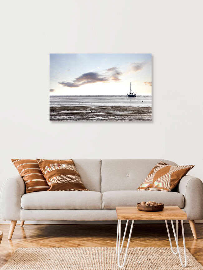 Family stranded with sailboat at low tide, Netherlands – wall art by Markus Schieder as Poster or Acrylic Glass Print