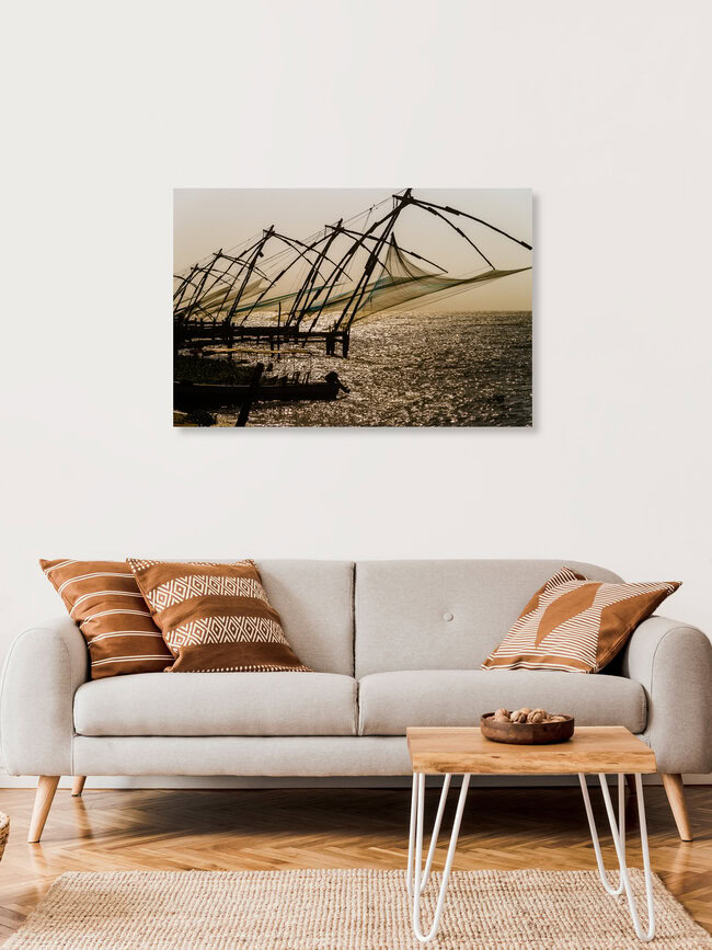 Chinesische Fischernetze auf der Halbinsel Fort Kochi (Kerala, Indien), Indien – Fotokunst von Ralf Germer als Poster oder Acrylglasbild