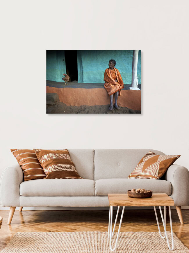 The Woman and the Chicken, India – wall art by Ingetje Tadros as Poster or Acrylic Glass Print