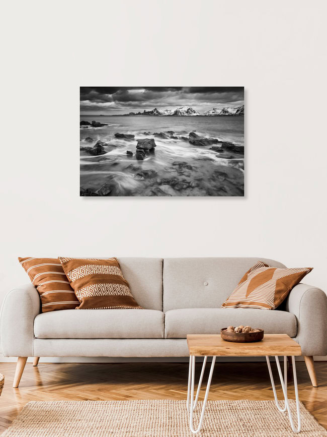 windy morning // Fredvang beach, Lofoten islands, Norwegen – Fotokunst von Eva Stadler als Poster oder Acrylglasbild