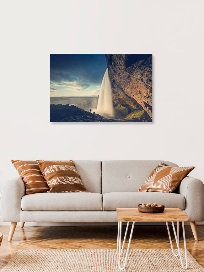 Seljalandsfoss at golden hour with one person, Iceland Posters – wall art by Franz Sussbauer as Poster or Acrylic Glass Print