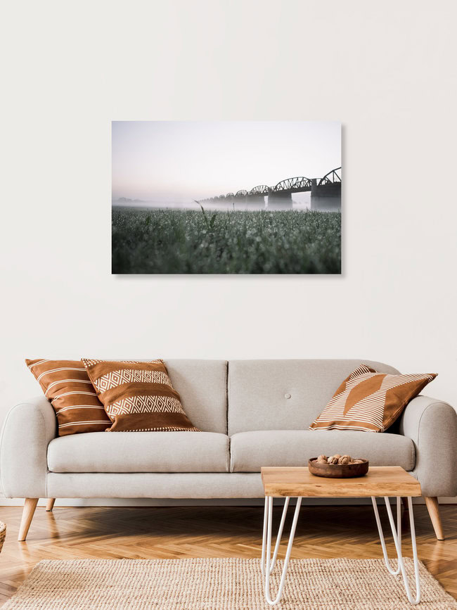Elbbrücke Dömitz vor Sonnenaufgang mit Nebel, Deutschland – Fotokunst von Nadja Jacke als Poster oder Acrylglasbild