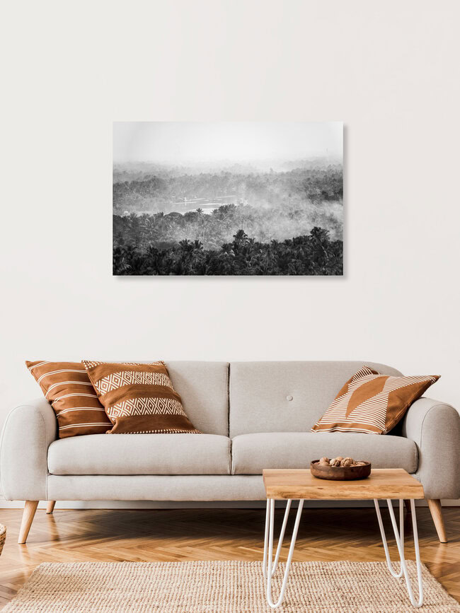 morning mist and fires, Indien – Fotokunst von Aleksi Lausti als Poster oder Acrylglasbild