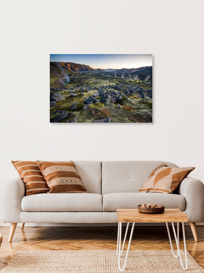 Lava field with steam pillars at sunrise, Iceland Posters – wall art by Franz Sussbauer as Poster or Acrylic Glass Print