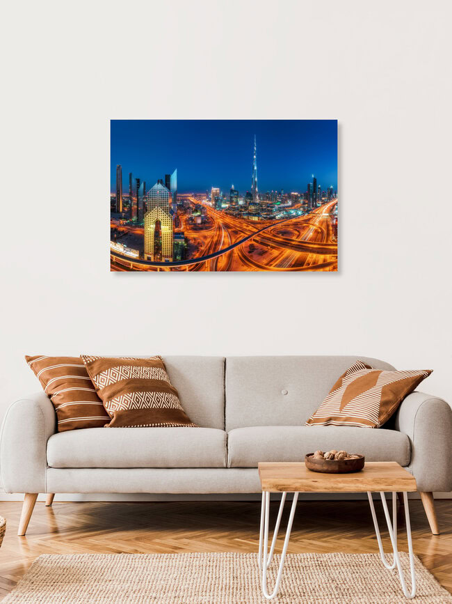 Dubai Skyline Panorama with Sheyk Zayed Road and Burj at Blue Hour, United Arab Emirates – wall art by Jean Claude Castor as Poster or Acrylic Glass Print