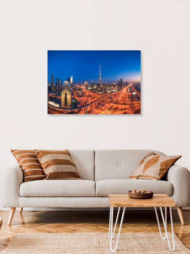 Dubai Skyline Panorama at Blue Hour with Burj Khalifa, United Arab Emirates – wall art by Jean Claude Castor as Poster or Acrylic Glass Print