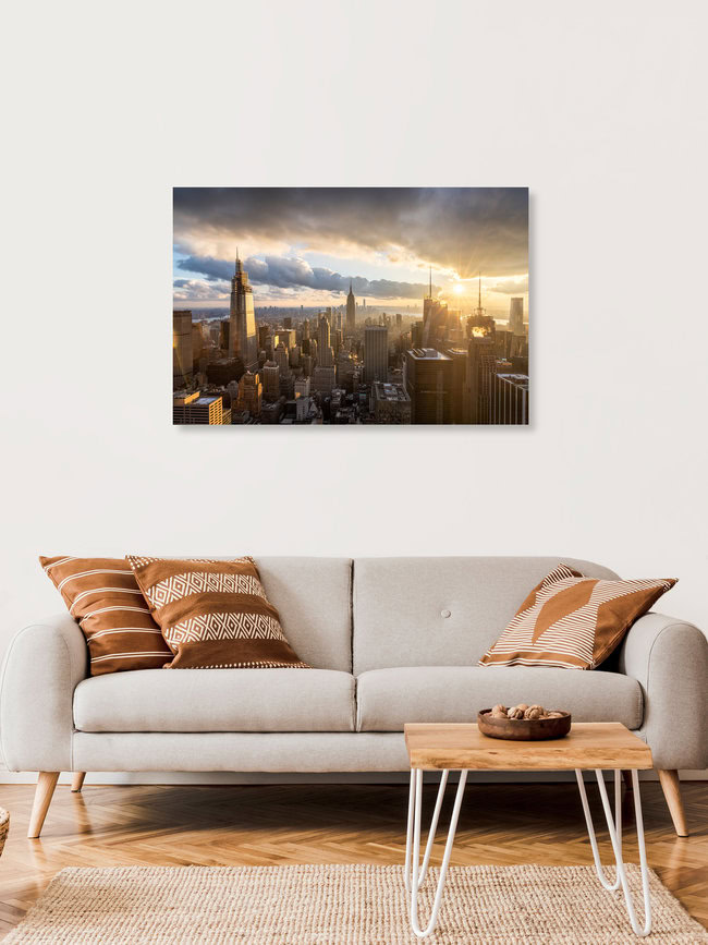 Manhattan Skyline bei Sonnenuntergang, Vereinigte Staaten – Fotokunst von Jan Becke als Poster oder Acrylglasbild