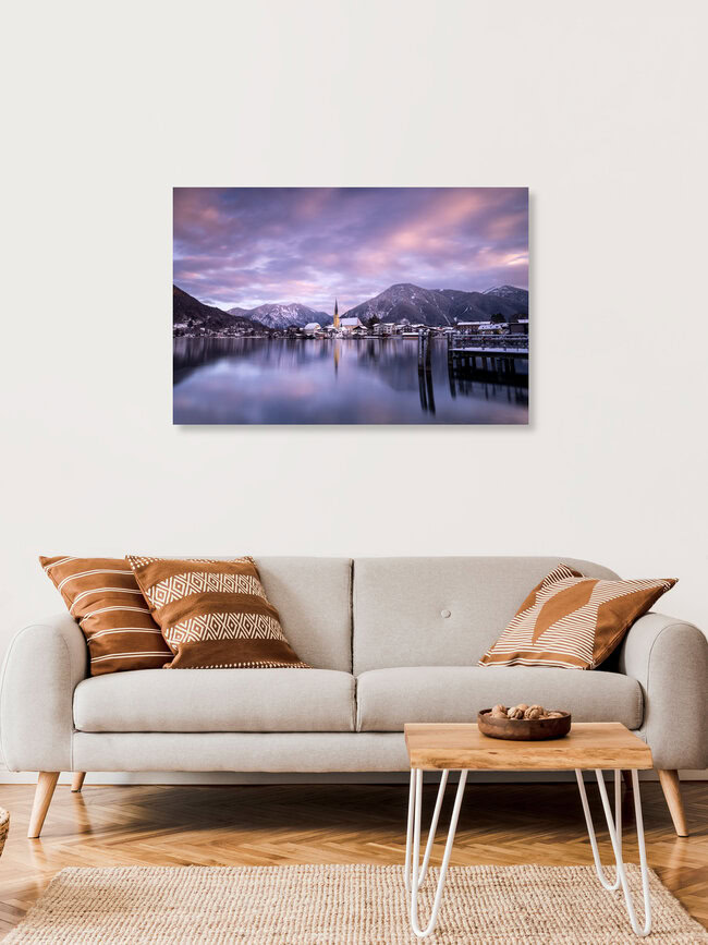 Pretty red clouds over lake Tegernsee, Germany – wall art by Franz Sussbauer as Poster or Acrylic Glass Print