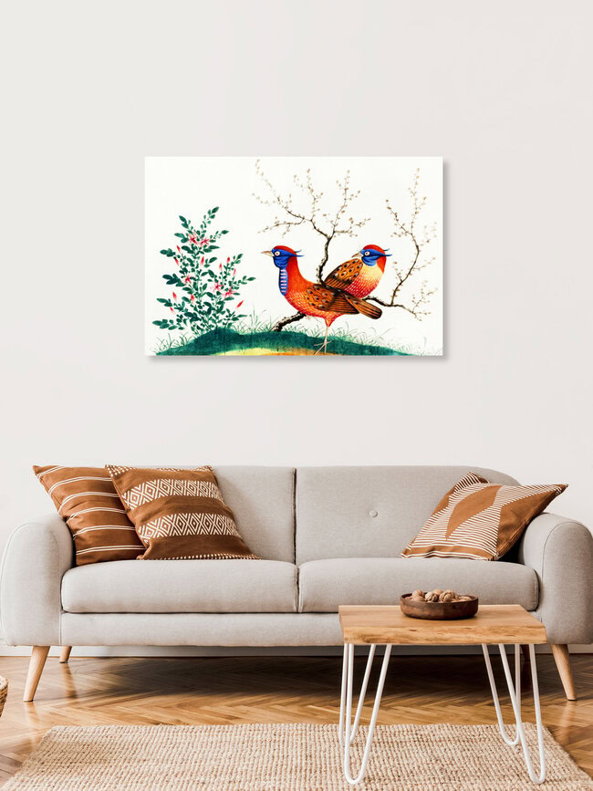 'Chinese painting featuring two pheasant-like birds with flowering plants' – Wall Art by Vintage Nature Graphics as Poster or Acrylic Glass Print