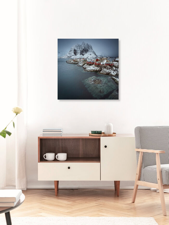 Hamnøy in a misty morning // Lofoten islands, Norwegen – Fotokunst von Eva Stadler als Poster oder Acrylglasbild