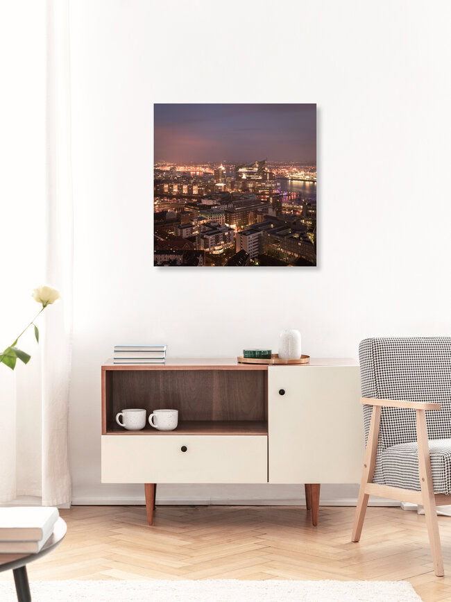 Night panorama Hamburger harbour district and Elbphilharmonie, Germany – wall art by Dennis Wehrmann as Poster or Acrylic Glass Print