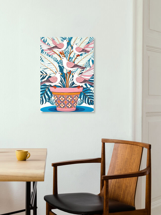Wandbild 'Five Doves in Bloom' – Kunst von Uma Gokhale als Poster oder Acrylglasbild