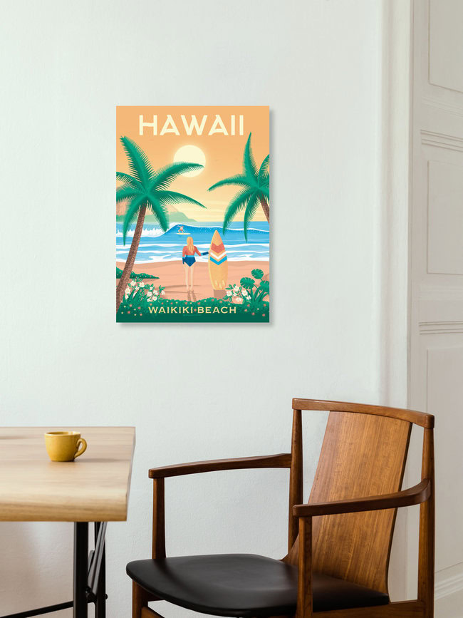 Wandbild 'Hawai Waikiki Beach Travel Poster Art Print' – Kunst von François Beutier als Poster oder Acrylglasbild