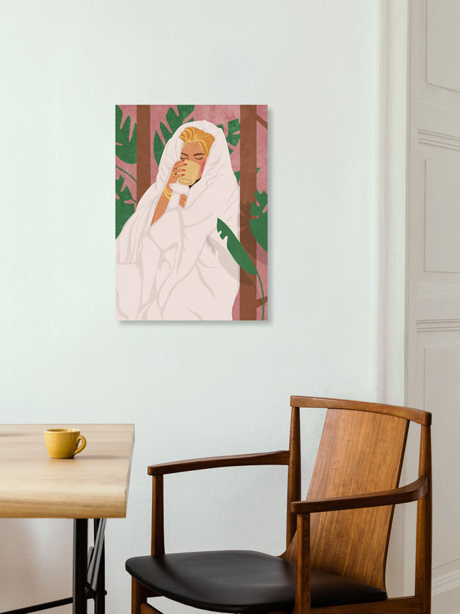 Illustration von Raissa Oltmanns: eine Frau mit Kaffee, umgeben von Pflanzen, entspannend.