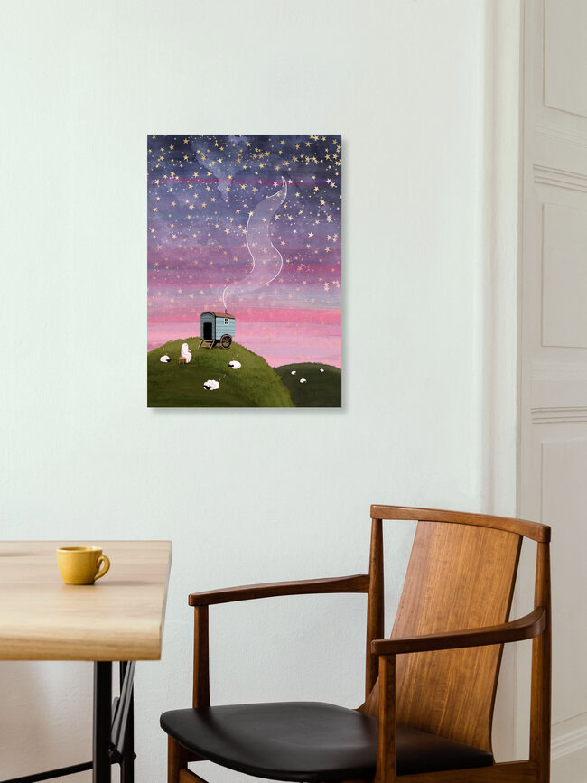 Illustration by Katherine Blower: serene landscape with a red sky and sheep