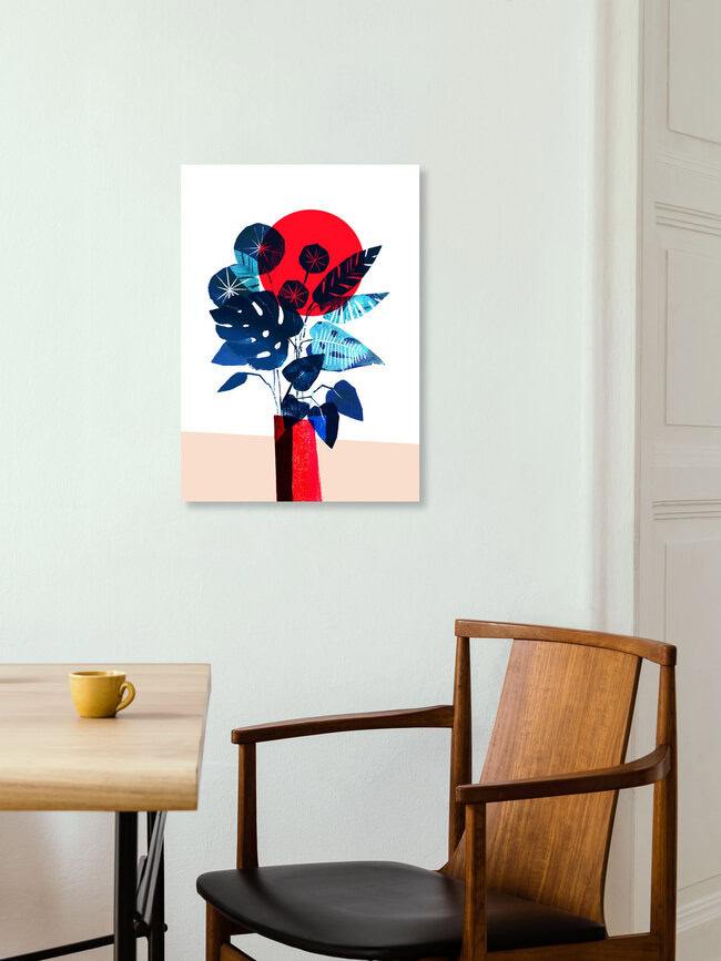 'Monstera and Pilea in red vase' – Wall Art by Pia Kolle as Poster or Acrylic Glass Print