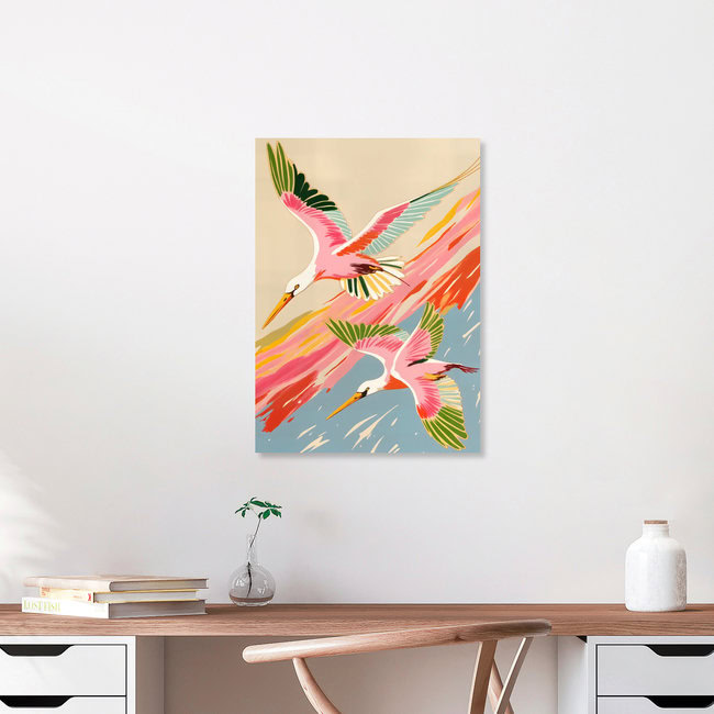 Wandbild 'Roseate Spoonbills Sky Ballet' – Kunst von Uma Gokhale als Poster oder Acrylglasbild