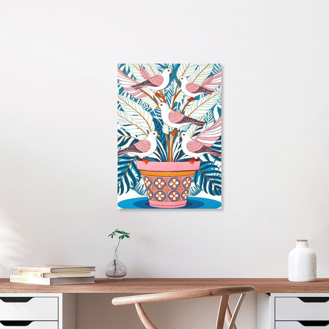 Wandbild 'Five Doves in Bloom' – Kunst von Uma Gokhale als Poster oder Acrylglasbild
