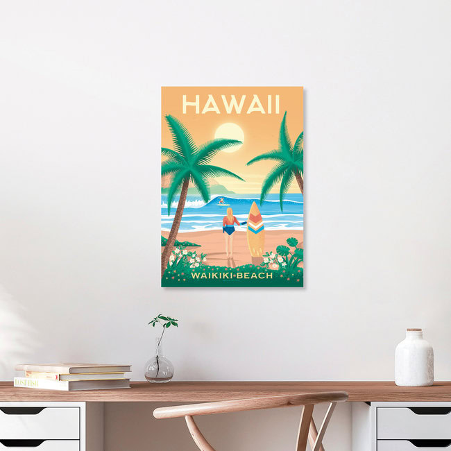 Wandbild 'Hawai Waikiki Beach Travel Poster Art Print' – Kunst von François Beutier als Poster oder Acrylglasbild