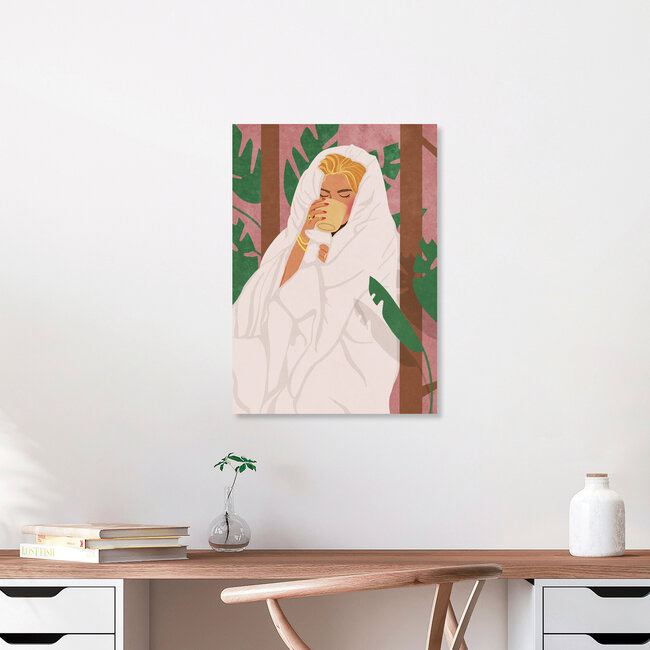Illustration von Raissa Oltmanns: eine Frau mit Kaffee, umgeben von Pflanzen, entspannend.