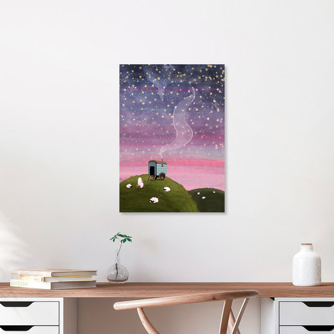Illustration by Katherine Blower: serene landscape with a red sky and sheep