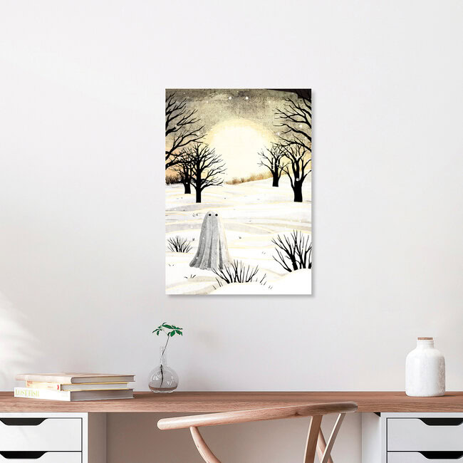 Illustration by Katherine Blower: gentle winter landscape with a ghost and sun rays