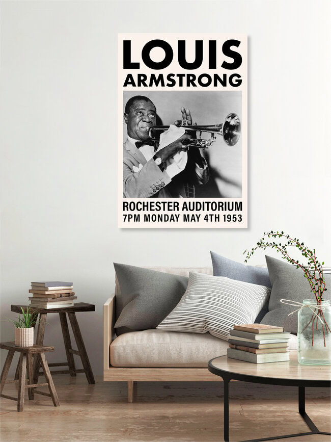 Louis Armstrong at the Rochester Auditorium, Vereinigte Staaten – Fotokunst von Vintage Collection als Poster oder Acrylglasbild