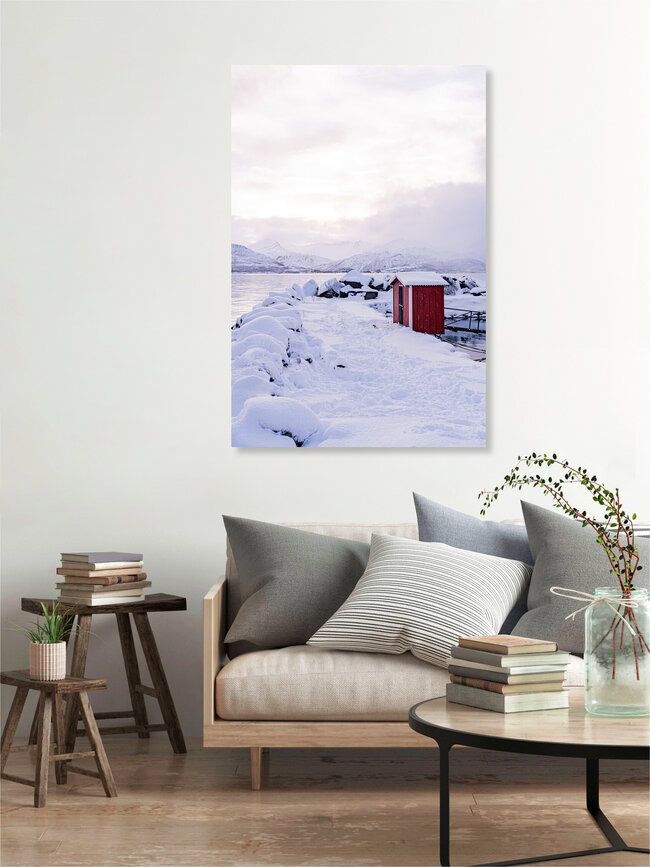 Wintery fjord and red cabin, Senja, Norway – wall art by Eva Stadler as Poster or Acrylic Glass Print