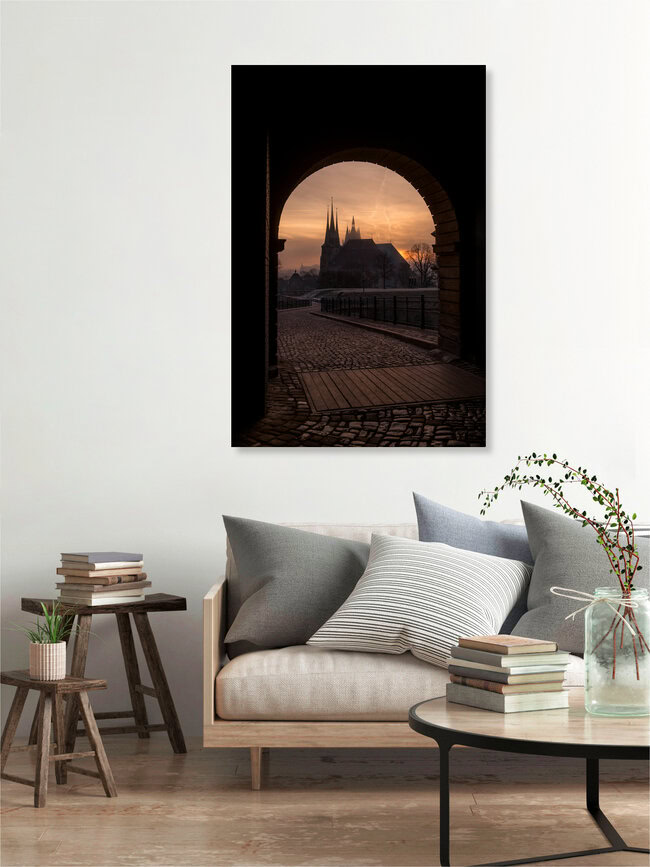 Morgendlicher Blick vom Petersberg auf den Erfurter Dom, Deutschland – Fotokunst von Johannes Hulsch als Poster oder Acrylglasbild