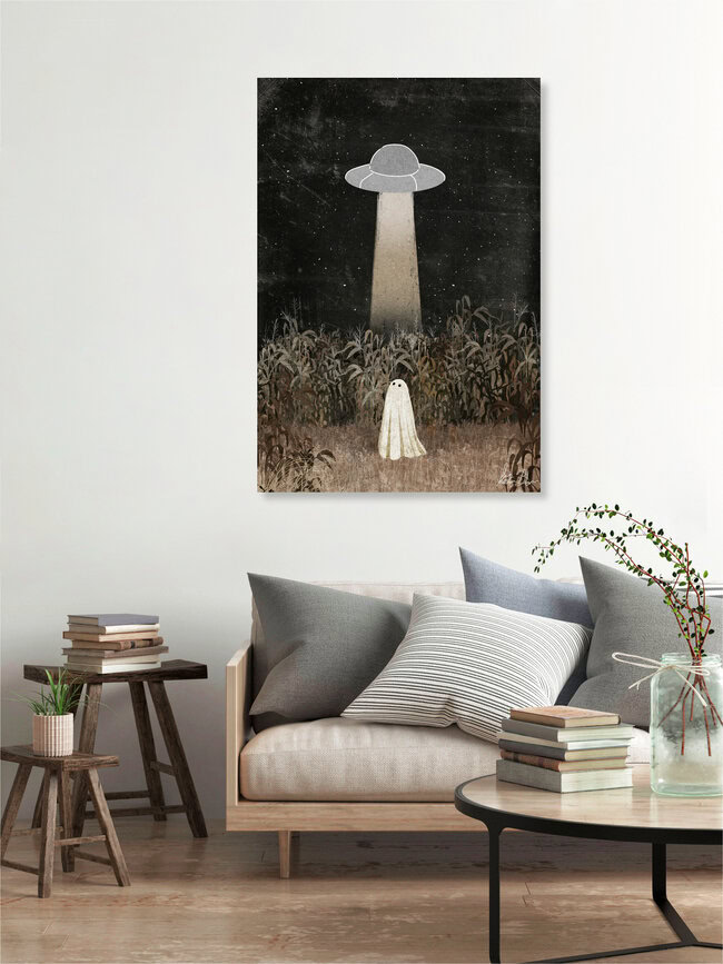 Illustration by Katherine Blower: UFO in a cornfield, mysterious and playful.