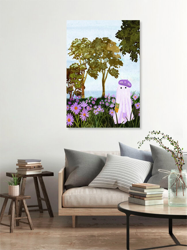 Wall art by Katherine Blower: cute ghost among blooming asters in a meadow