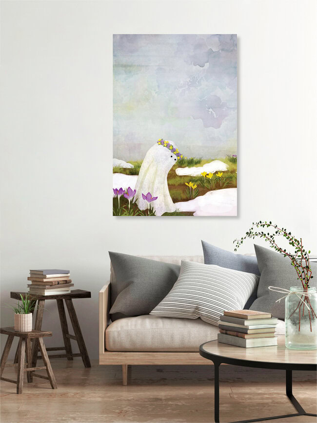 Illustration by Katherine Blower: cheerful ghost in a blooming garden