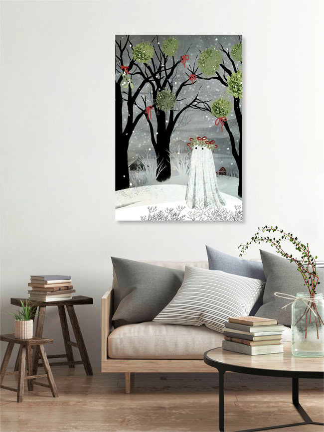 Illustration by Katherine Blower: a ghost with mistletoe in a winter landscape