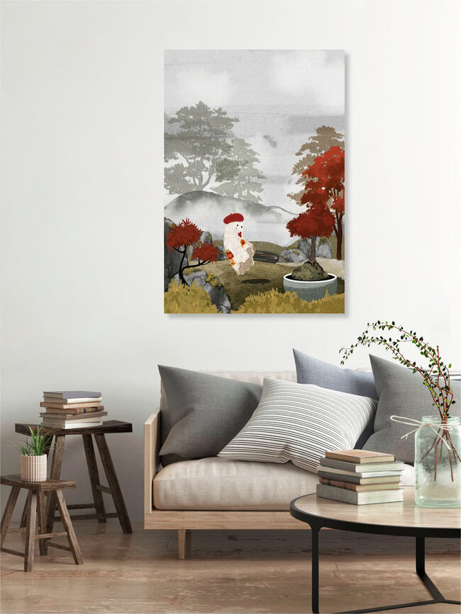 Illustration by Katherine Blower: A ghost in a Zen garden surrounded by maple leaves.