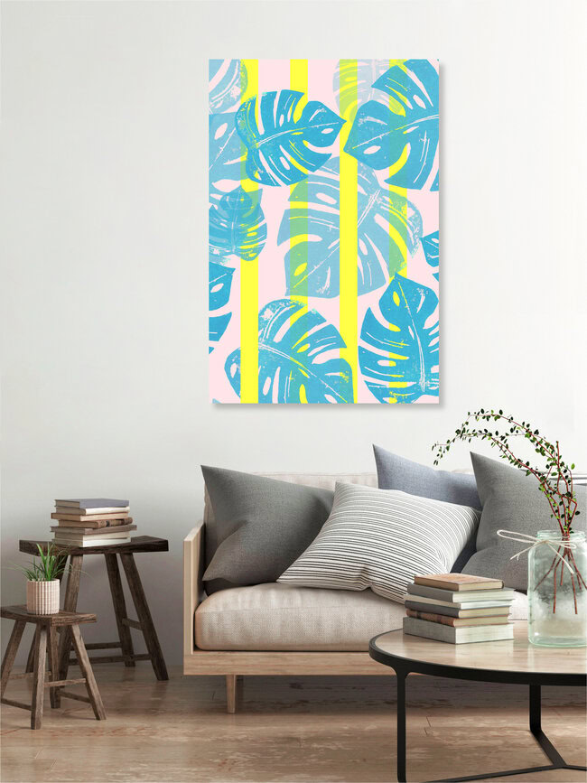 Wandbild 'Linocut Monstera Neon' – Kunst von Bianca Green als Poster oder Acrylglasbild